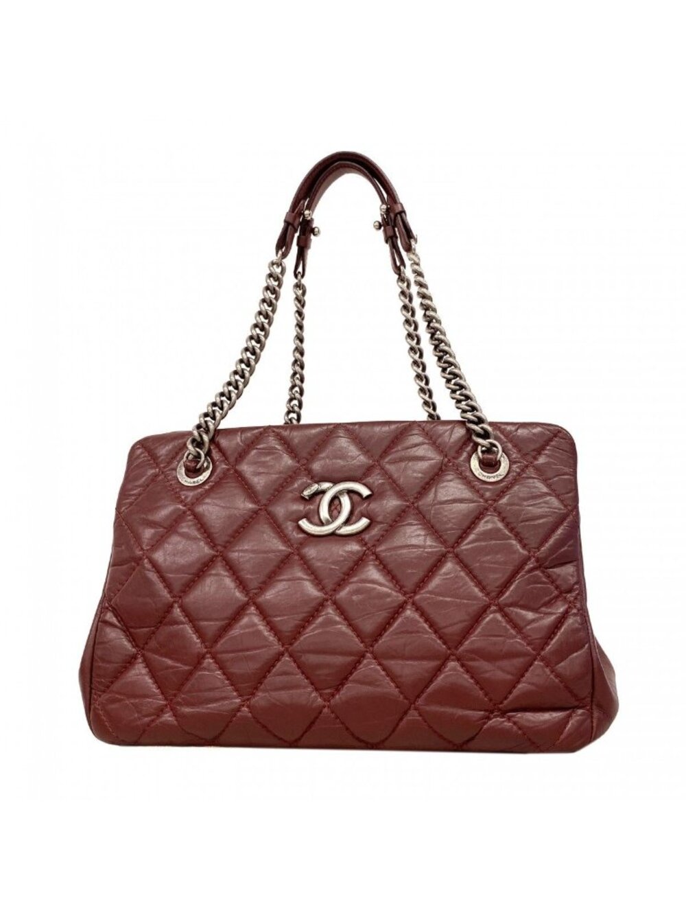 Chanel Chain Tote Quilted Leather Bordeaux Silver